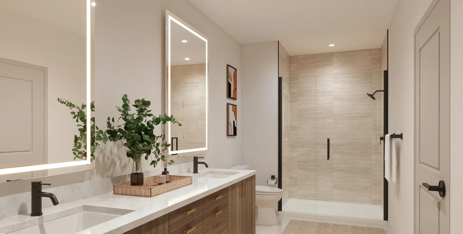 Bright apartment bathroom with illuminated mirrors and tiled shower at Westbend Residences