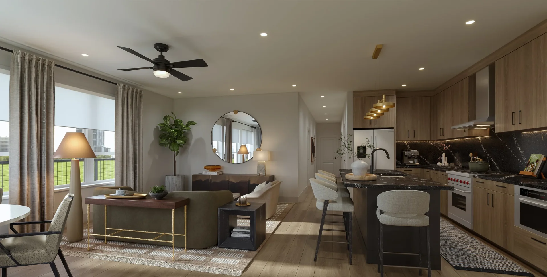 Open-concept apartment kitchen and living room at Westbend Residences in Fort Worth
